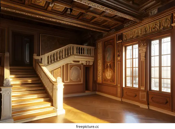 Ornate Staircase and Intricate Wood Paneling in a Historic Mansion