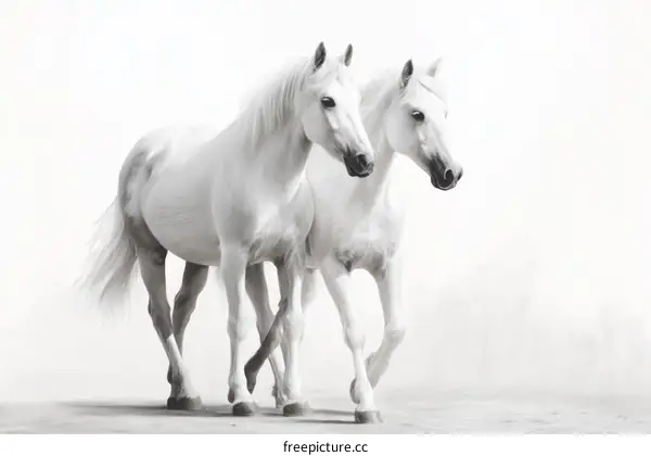 Two Majestic White Horses in Motion