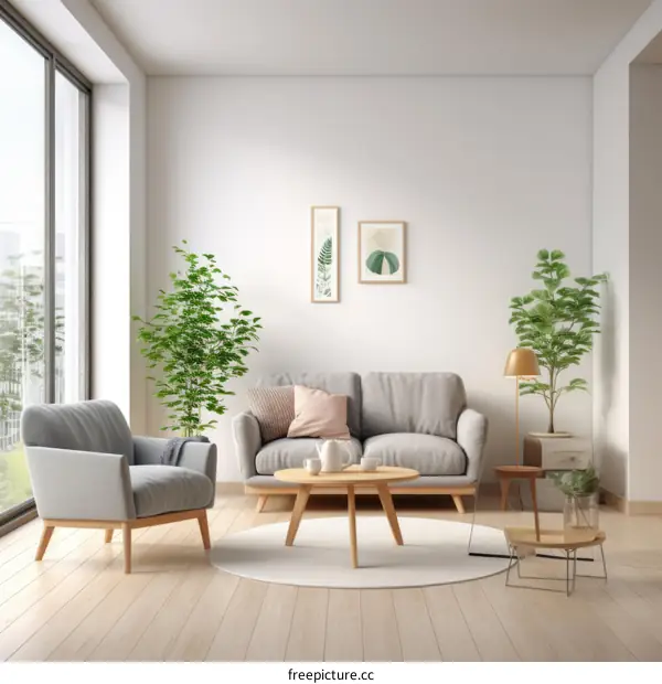 Airy and bright living room with large windows and plants