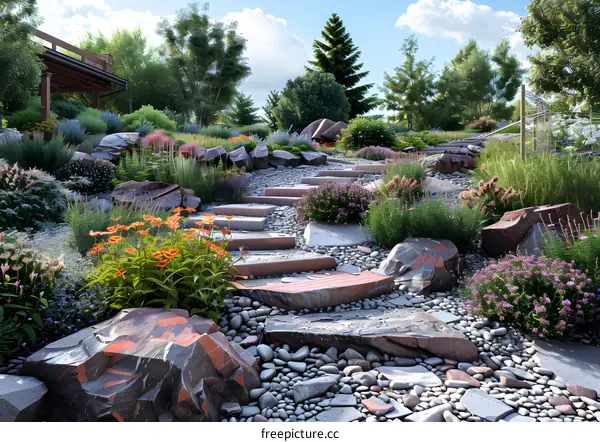 A rocky hillside with a stone path and flowers