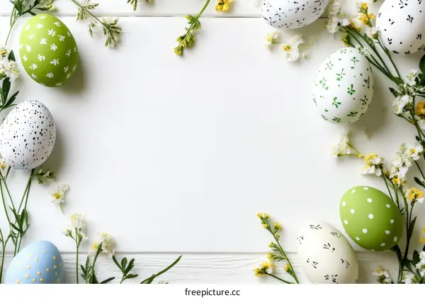 Easter Eggs Decorated with Flowers on White Wooden Background