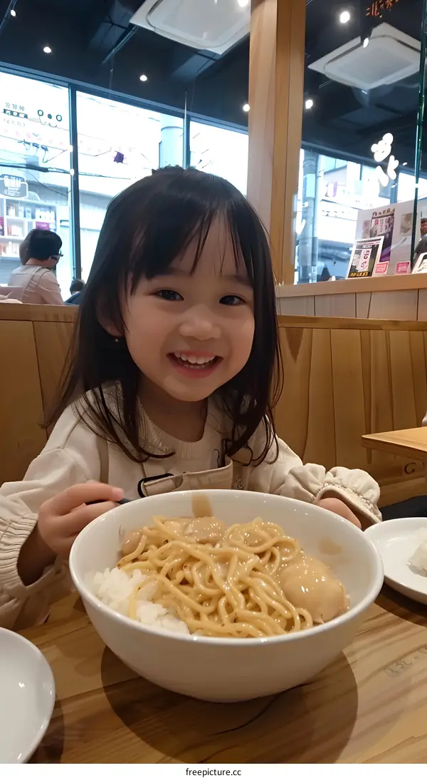 A little girl is eating noodles in a restaurant