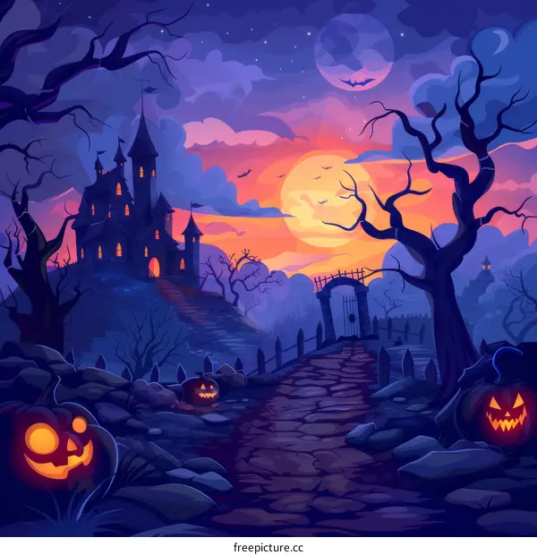 Spooky Halloween night haunted house with pumpkins and bats