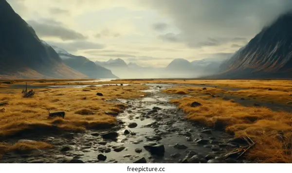 stones in middle of river flowing through middle of grass field with large mountains in distance