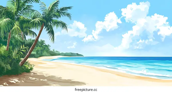 Tropical Beach Landscape Illustration with Palm Trees and Blue Sky