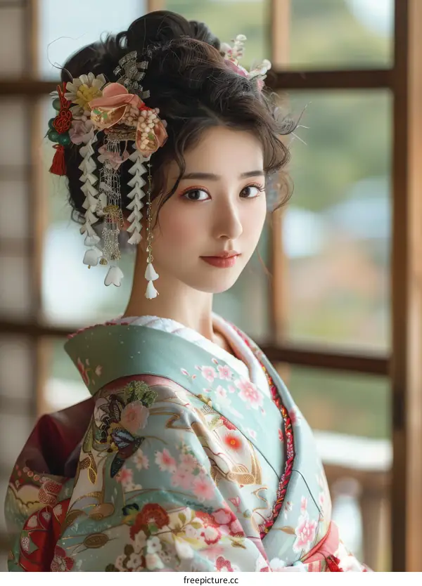 Portrait of a beautiful Japanese woman in traditional kimono
