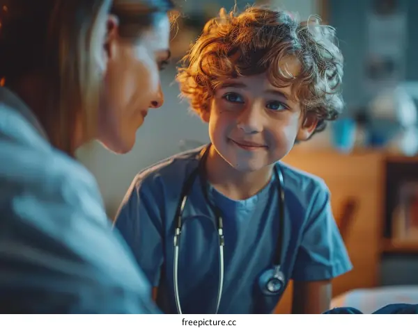 Little boy in doctor's uniform playing with female doctor