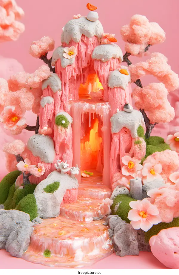 Pink Mountain with Waterfall and Cherry Blossoms Miniature