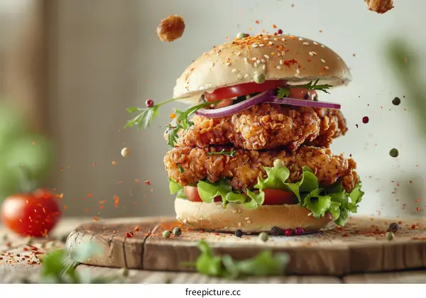 A delicious and juicy fried chicken burger with fresh vegetables