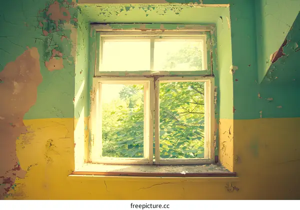 Old Window With Peeling Paint And Green Trees Outside