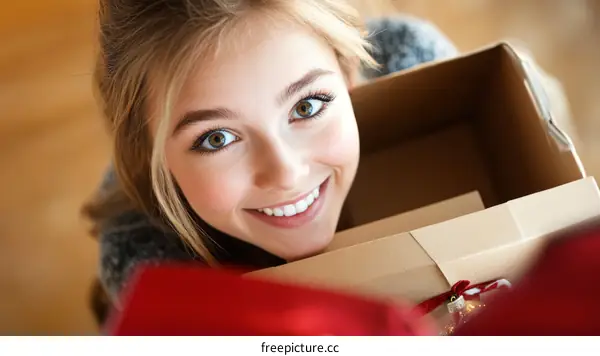 Happy Young Woman Hiding Inside a Gift Box