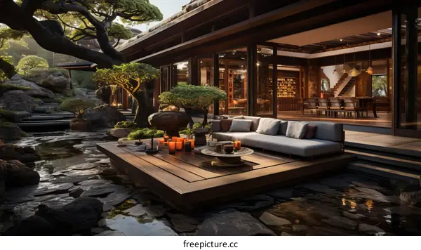 A tranquil Japanese garden with a modern twist