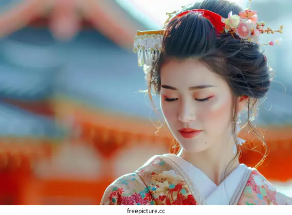 A beautiful Japanese woman in a kimono with traditional Japanese hair and makeup