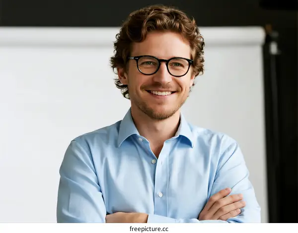 A man in a light blue shirt with arms crossed in an office setting