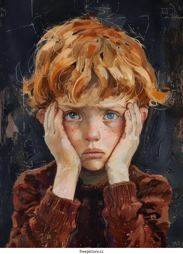 Portrait of a Sad Boy with Red Hair