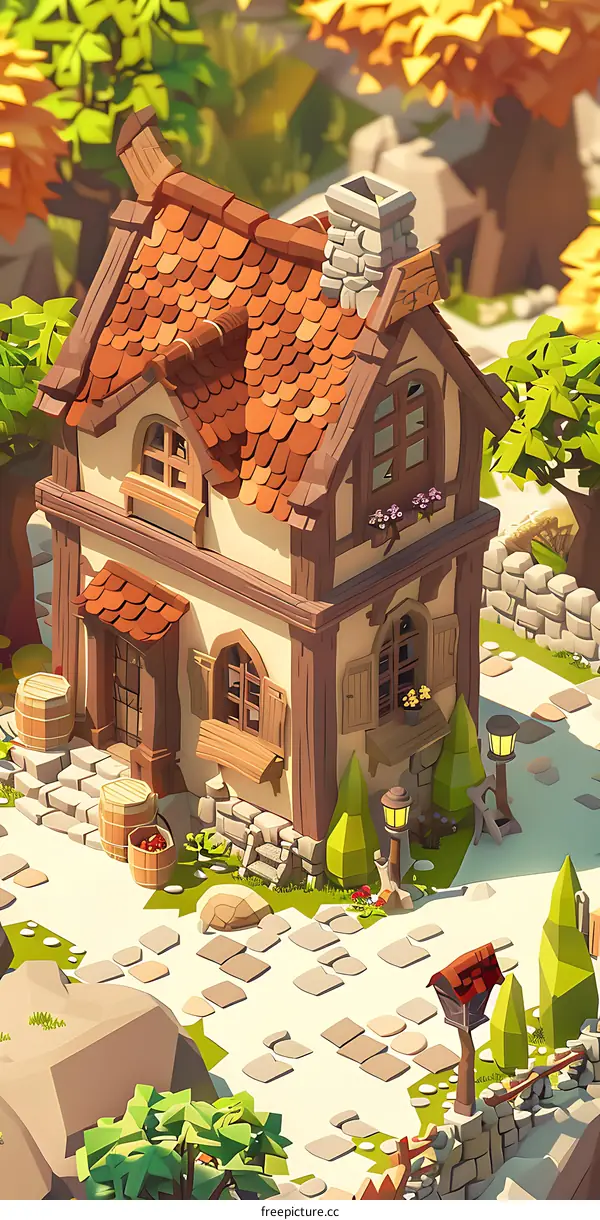 Cartoon Illustration of a Cozy Cottage in a Green Forest