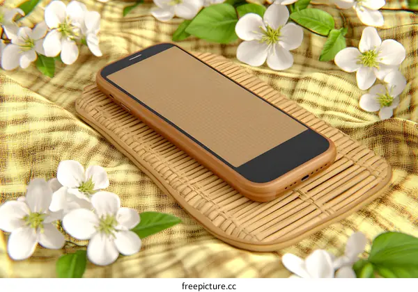 Wooden Phone Mockup On Bamboo Coaster And Flowers