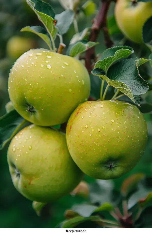 Three hanging green apples with water drops on the tree