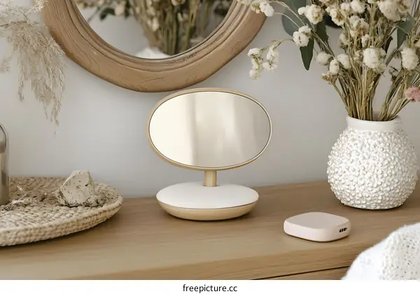 Wooden Vanity Mirror with Dried Flowers and White Vase