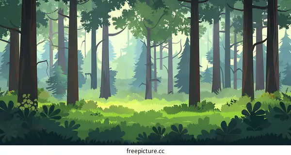 Green Forest Landscape Illustration with Tall Trees