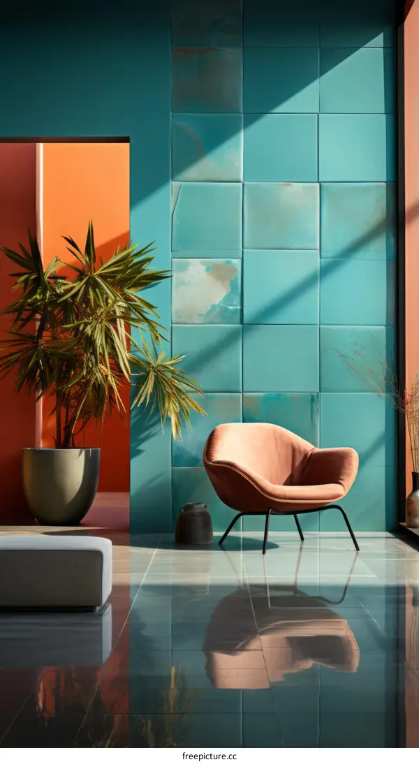 Blue and orange room with a pink armchair