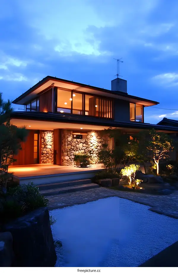 Modern Japanese House with Stone Wall and Gravel Garden at Dusk