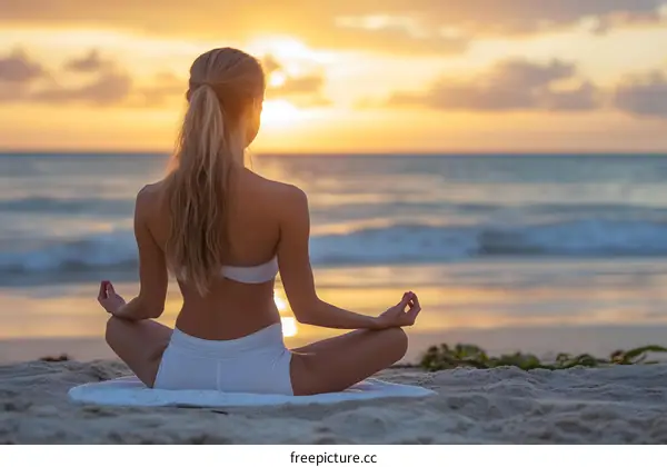 Woman practicing yoga on the beach at sunset