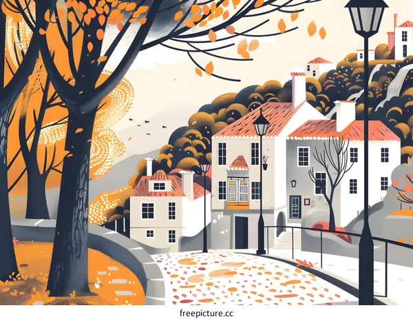 Autumn Landscape with Cobblestone Street and Colorful Buildings