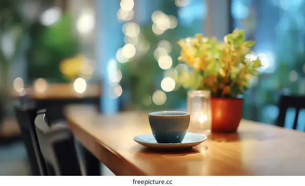 Cozy Cafe Interior with Coffee Cup and Soft Lighting