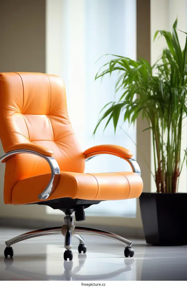 Modern orange leather office chair on white background