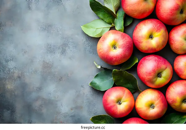 Red Apples with Green Leaves on a Grey Background