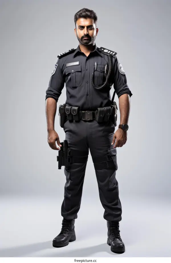 Indian man in police uniform with gun and handcuffs