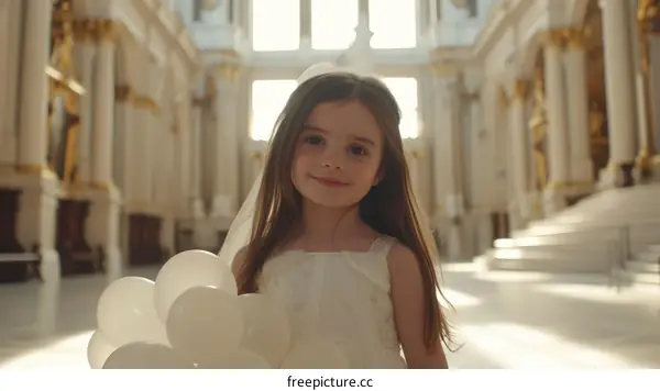 Little girl in white dress holding white balloons in church