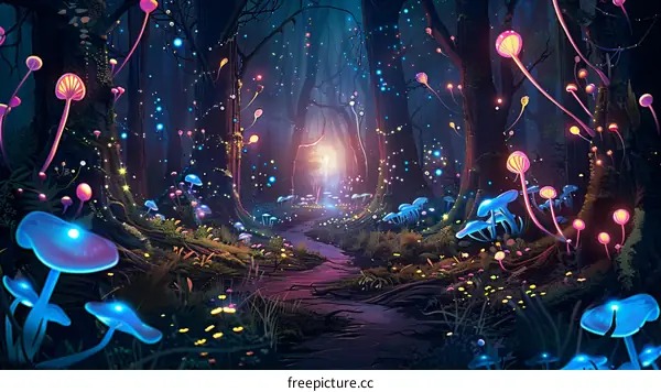 Glowing mushrooms in a dark forest