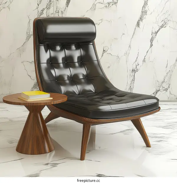 Modern Black Leather Recliner Chair and Side Table