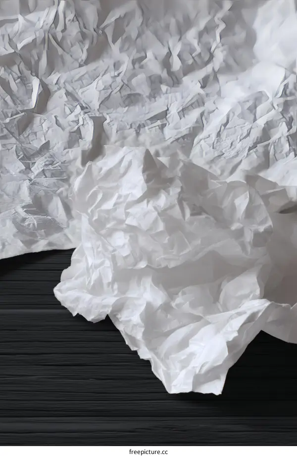 Wrinkled White Paper Texture on Dark Wooden Background