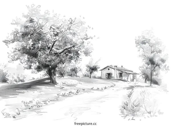 Pencil Sketch of a House in the Countryside