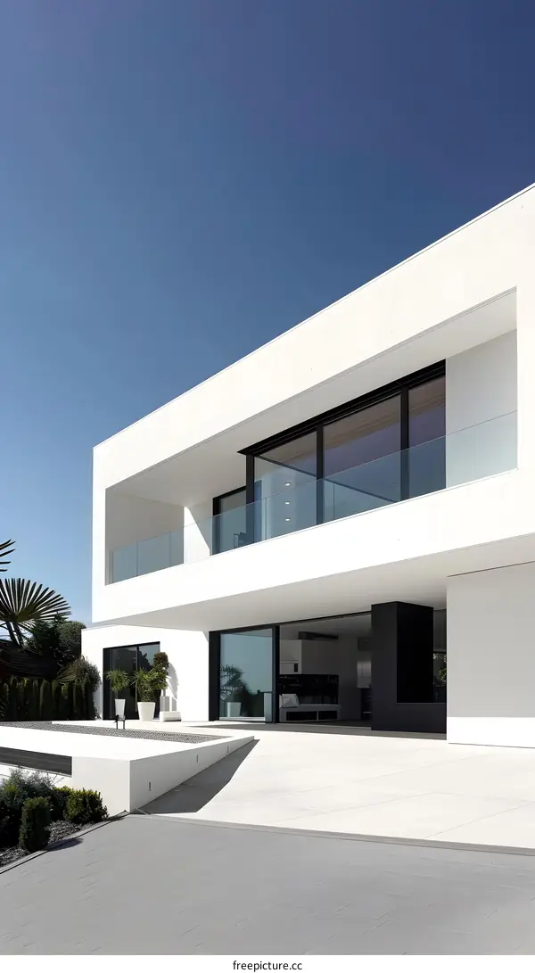 Modern White House with Glass Balcony and Large Windows