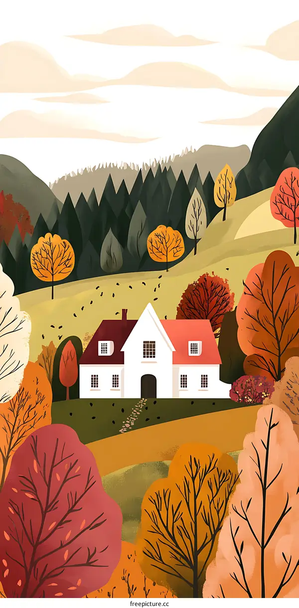 Autumn Landscape with House and Trees