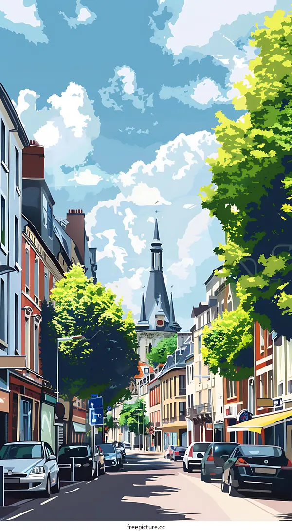 European City Street with Tower and Buildings Illustration