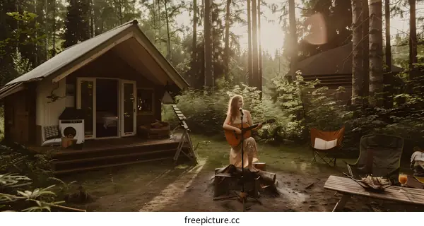 Woman Playing Guitar In Front Of A Cabin In The Forest