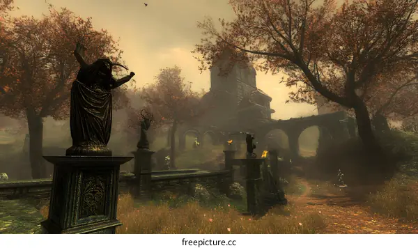 Ancient Stone Ruins with Statue in Autumn