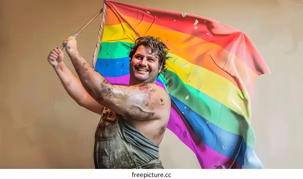 shirtless man holding a rainbow flag