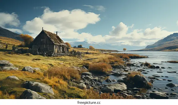 Thatched roof house by a river in a valley