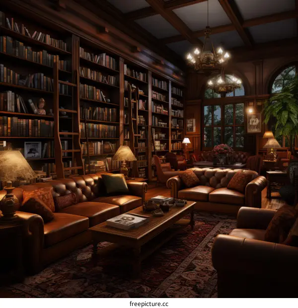 Luxurious library with leather furniture and a large collection of books