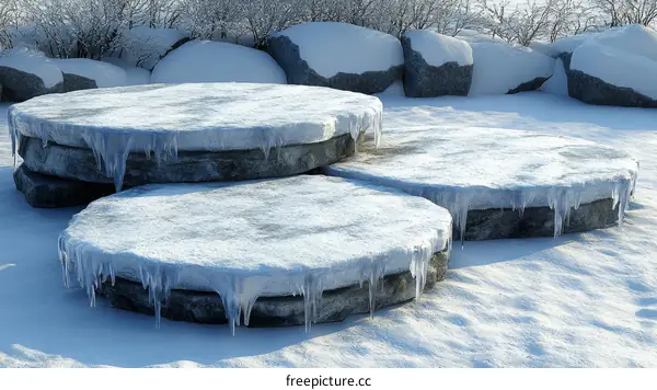 Winter Scene with Snowy Stone Platforms