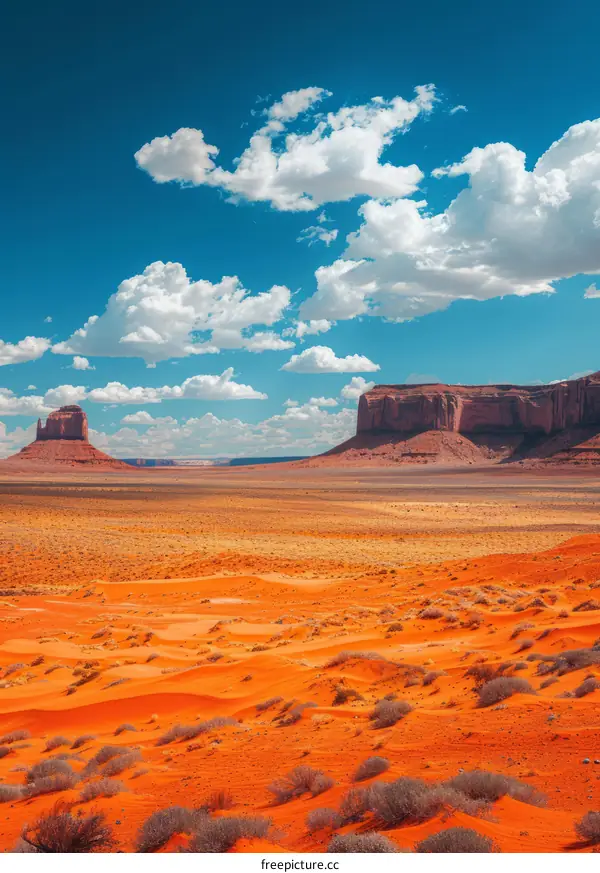 A vast desert landscape with red rocks and blue sky