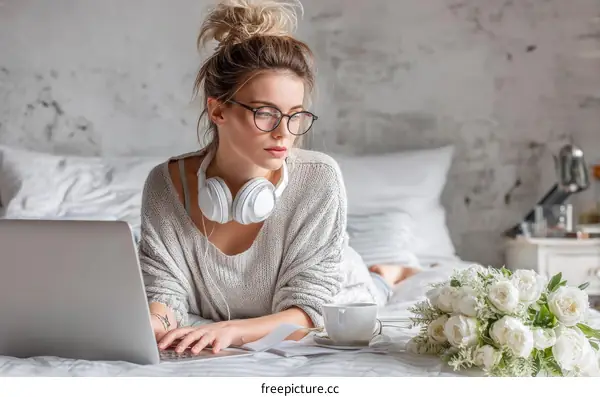 Woman Working on Laptop in Bed with Headphones