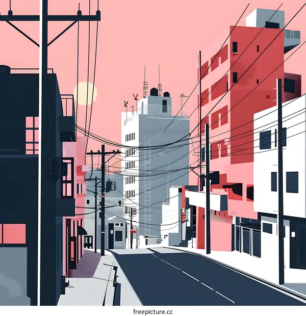 Cityscape Illustration with Buildings and Wires