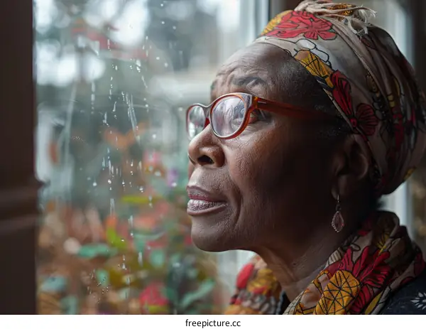 Thoughtful Elderly Woman Looking Through Rainy Window